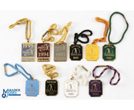 Collection PGA European Golf Tour Brass and Enamel Patron Members Badges (10) - a complete run from 1985 to 1991 and 1993 to 