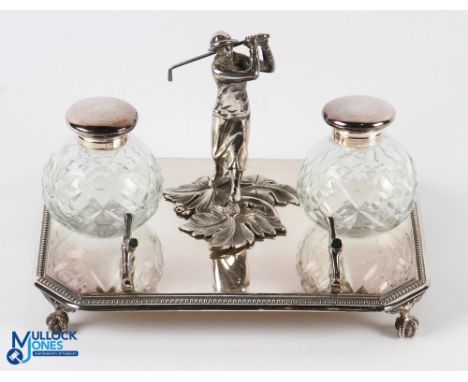 Silver Plated Female Golfer Design Inkwell Desk Stand having a central standing female golfer holding club with two white met