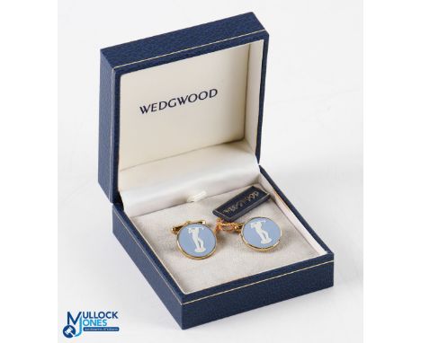 Fine Pair of Wedgwood Blue and White Ceramic Golfing Cufflinks - mounted in gilt stamped Wedgwood c/w the original makers box