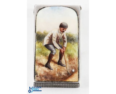 Victorian Sampson Mordan &amp; Co Hallmarked Silver and Enamel Vesta Case depicting painted enamel front showing golfer in a 