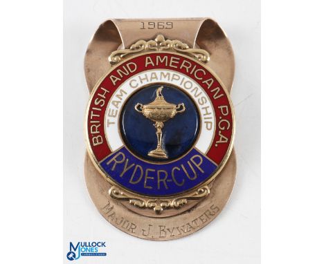 Rare 1969 Ryder Cup Southport England Gilt and Enamel Money Clip - British and American PGA with engraved date 1969 and engra