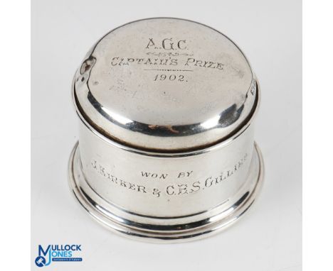 Edwardian Hallmarked Silver Inkwell Engraved 'AGC Captain's Prize 1902' to lid and inscribed to body Won by J Kirker &amp; C 