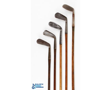 5x Assorted irons - to incl' Maxwell mashie niblick stamped 28, Tom Stewart early pipe mark smf round back cleek, PH Boomer r