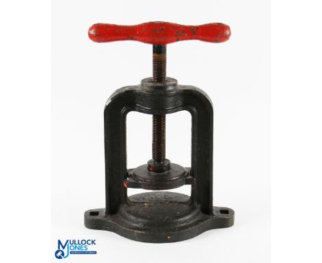Vic. cast-iron gutty golf ball press - horseshoe shaped mounted on a circular base retaining much of the original finish pain