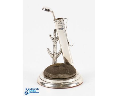 Fine Silver Golf Bag and Golf Club Ladies Hat Pin and Ring Stand c1910 - mounted on circular silver with straw filled cushion