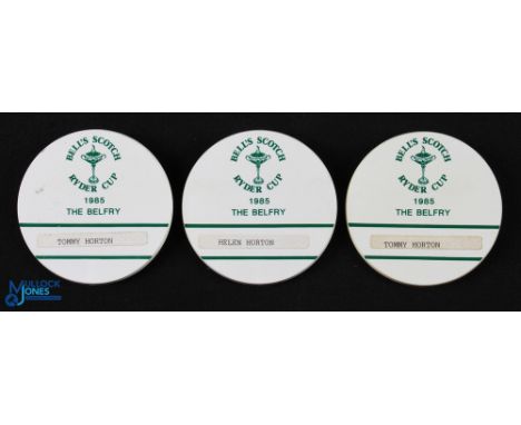 1985 Bells Scotch Ryder Cup The Belfry Golf Official Name Badges - made by Fattorini and issued to Tommy Horton and Helen Hor