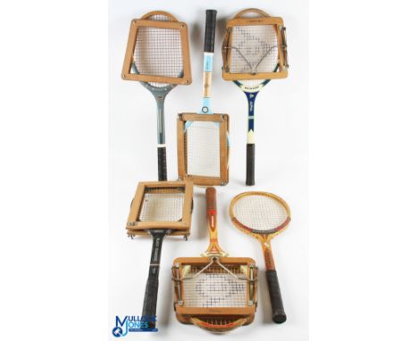 c1960-1970 Wooden Tennis Rackets, a lot of 6 rackets and Presses, to include Stellar Dimond Black with press, Dunlop Maxply M