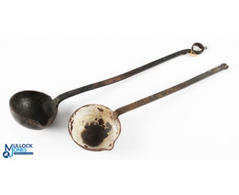 2x Hand Forged Steel Lead Smelting Melting Ladles Golf Tools, one is marked "Griffiin" #51cm long 