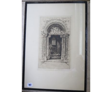 An etching of Priors Doorway Ely Cathedral, signed Mary E Howard, in an ebonised frame, 58x41cm 