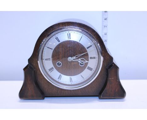 A wooden cased Smiths Enfield vintage mantle clock with key in working order, shipping unavailable 