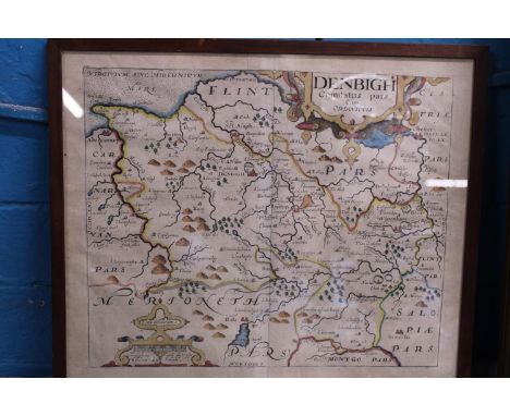 A antique hand coloured lithograph of Denbigh by Christopher Saxton 
