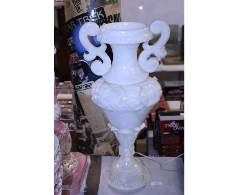A two piece white marble urn converted into a lamp, h56cm shipping unavailable 
