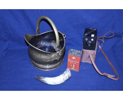 A brass coal bucket and contents of collectables 