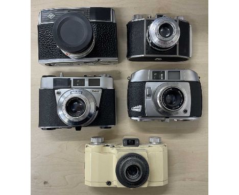 Five vintage cameras to include: Agfa; Perlux; Kodak Retinette IB; Baldessa I; Ilford Advocate (5)