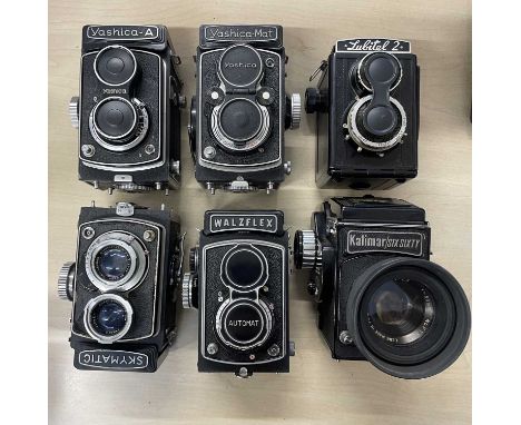 Six vintage box cameras to include: Yashica-A; Yashica-Mat; Lubitel 2; Skymatic; Walzflex; Kalimar six Sixty (6)
