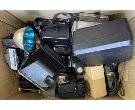 One box of various vintage cameras, cine-cameras, polaroid cameras etc