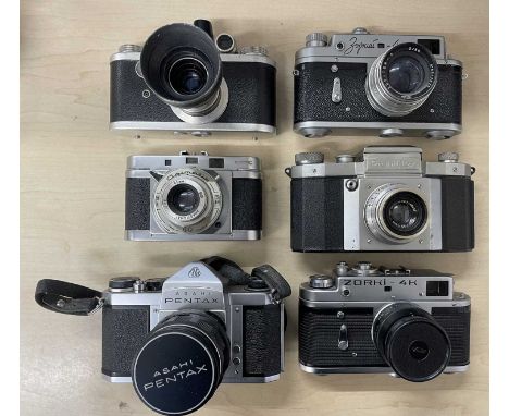 Six vintage cameras to include: Praktiflex; Corfield Periflex; Zorki-4K; Asahi Pentax; Agilux Agimatic; Zorki-4 (6)