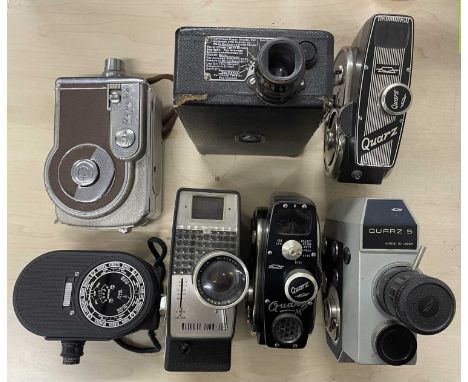 Seven vintage cameras/video cameras to include: Quarz 5; Quarz; Quarz M; Kodak Model BB Junior; Revere Magazine 16; Dekko; Ma