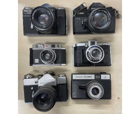 Six vintage cameras to include: Fujica ST 801; Prinzflex 500E; Ferrania Ibis 44; halina 35X; Cosmic Symbol; Zenit B (6)