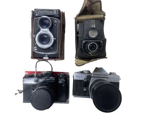 Four vintage cameras, to include: Yashica B; Ensign Ful Vue; Zenit EM; Praktica MTL3