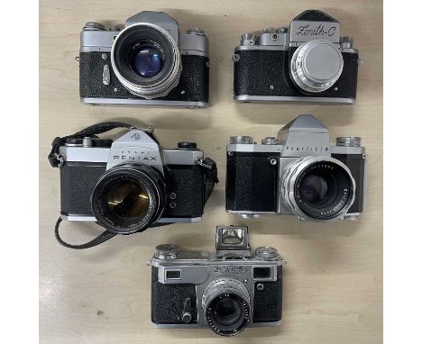 Five vintage camers to include: Zenith-C; Zenit 3; Praktica IV; Asahi Pentax; Kiev 4A