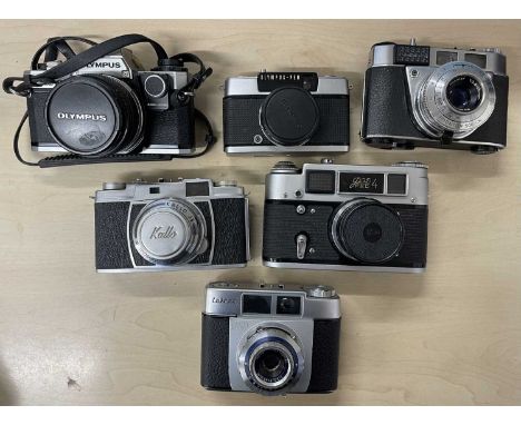 Six vintage cameras, to include: Olympus OM10; Kallo 35; Plympus-Pen EES-2; Coloxa Zeiss Ikon; Kodak Retinette 1B; Goed Fed 4