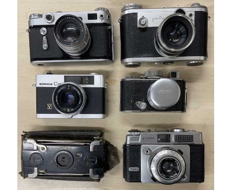 Six vintage cmaeras to include: Periflex 2; Dacora Super Dignette; Zorki-6; Konica C35; Robot; Ensignette No 2 (6)