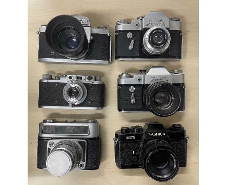 Six vintage cameras to include: Miranda, Zenit 3 (x2); FED 10; Yashica and one other Soviet model (6)