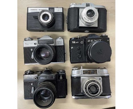 Six vintage cameras to include: Agfa Isola I; Cosmic Symbol; Zenit-E; Zenit 12XP; Zenit-E; Halina 6-4 (6)