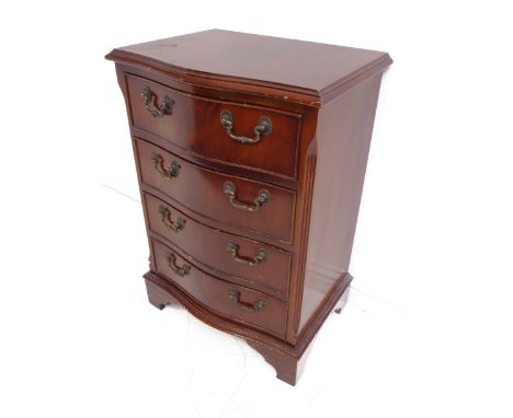A reproduction Georgian-style serpentine-fronted mahogany chest: flame-mahogany veneered crossbanded top above four full-widt
