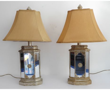 A good pair of heavy painted and mirror-sided table lamps with pagoda style shades (70cm highest)