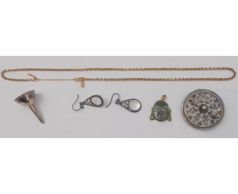 A mixed lot comprising:a necklace marked '9C' and '375' (approx. 4.3g);a finely worked circular silver-coloured filigree broo