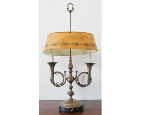 A good quality solid metal (possibly steel) lamp together with a painted Toleware shade (adjustable) (82 cm full height)