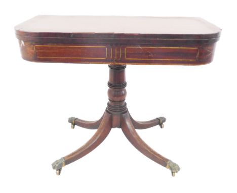 An early 19th century Regency period mahogany, brass-strung and rosewood-crossbanded foldover-top card table: the top with la