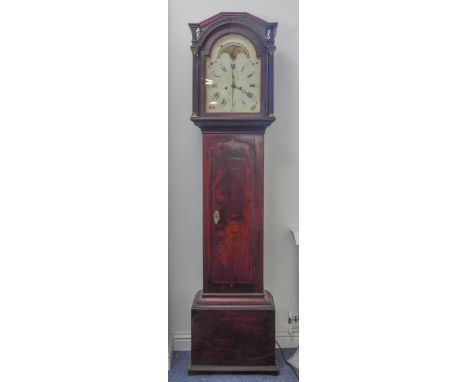 A late 18th century mahogany-cased eight-day longcase clock: the twelve-inch painted dial with moon phase, Latin legend 'Sic 