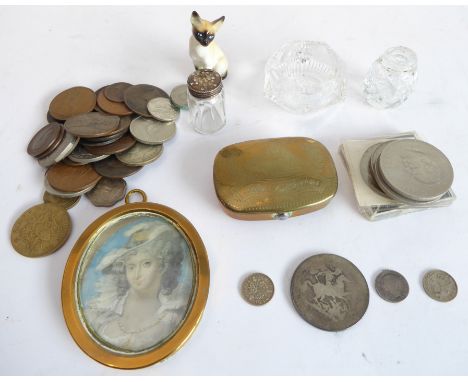 Interesting collectibles to include:a 19th century oval miniature portrait of a lady (crack to glass), a 19th century brass s