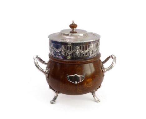 An interesting early 20th century silver-plate-mounted oak biscuit barrel: two-handled; cauldron-shaped;&nbsp;ceramic liner; 