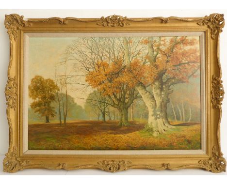 DAVID MEAD (British, 1906-1986) - A beech wood in autumn, oil on canvas board, signed, also signed and inscribed verso (24 x 