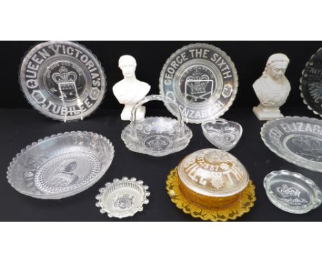 A collection of 19th and 20th century royal commemorative pressed glass to include Queen Victoria jubilee, coronation of King