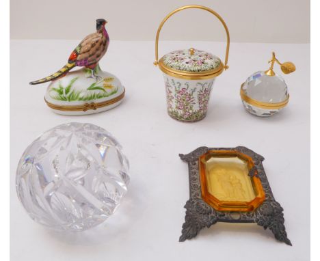 Five pieces of decorative bijouterie:a Limoges hand-decorated and gilt-metal-mounted box and cover (from Harrods) modelled as