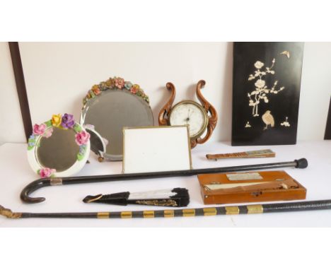 Interesting collectibles to include:a 19th century carved-oak-cased aneroid barometer;two barbola-style mirrors with hand-dec