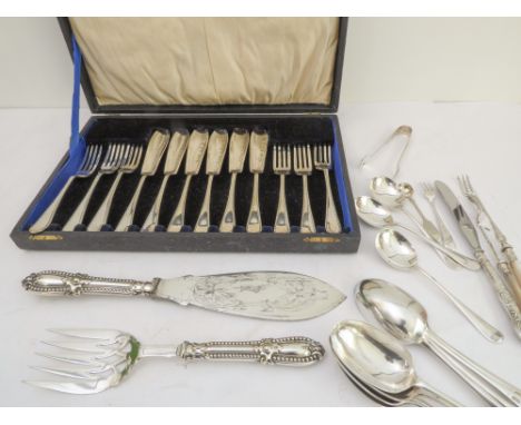 A cased set of six silver-plated fish-eaters: the knife blades with bright-cut style decoration. Together with a pair of fish