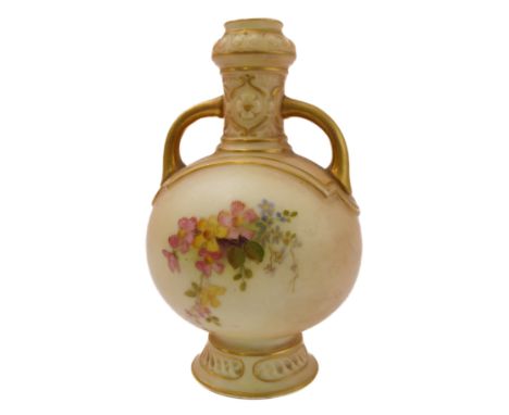 An early 20th century miniature, two-handled Royal Worcester blush vase: hand-gilded and decorated in enamels with floral spr