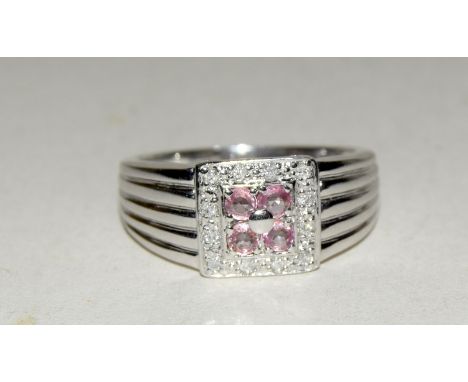 9ct white gold Ladies ruby and diamond edge ring size U