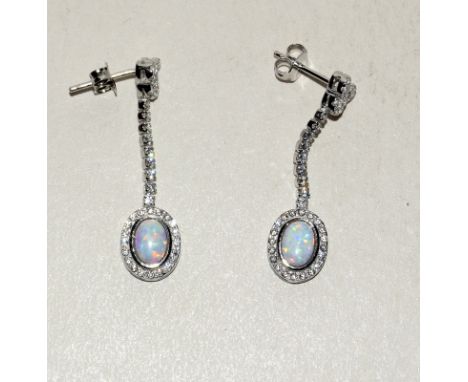 Pair of silver CZ and opal set drop earrings