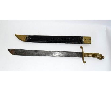 A pre WW1 Imperial German Fachinemesser M1829 short sword in its leather scabbard with brass mounts. Blade length of 48cms. H