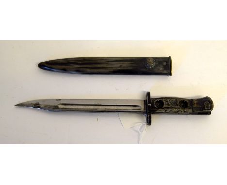A British L.1.A.1. SLR bayonet in its steel scabbard. Blade length 20.5cms