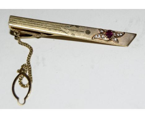 14ct gold tie clip set with diamonds and ruby