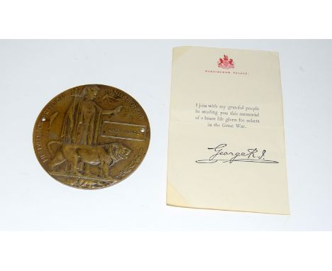 A WW1 Death Penny plaque with Buckingham Palace letter awarded to Harry Meade of the Rifle Brigade who died 20th September 19