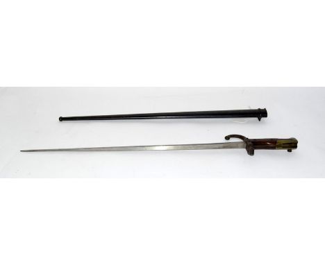 A French Model 1874 Gras sword bayonet in its steel scabbard. Made at the d'Armes de Tulle armoury in 1878. Matching serial n